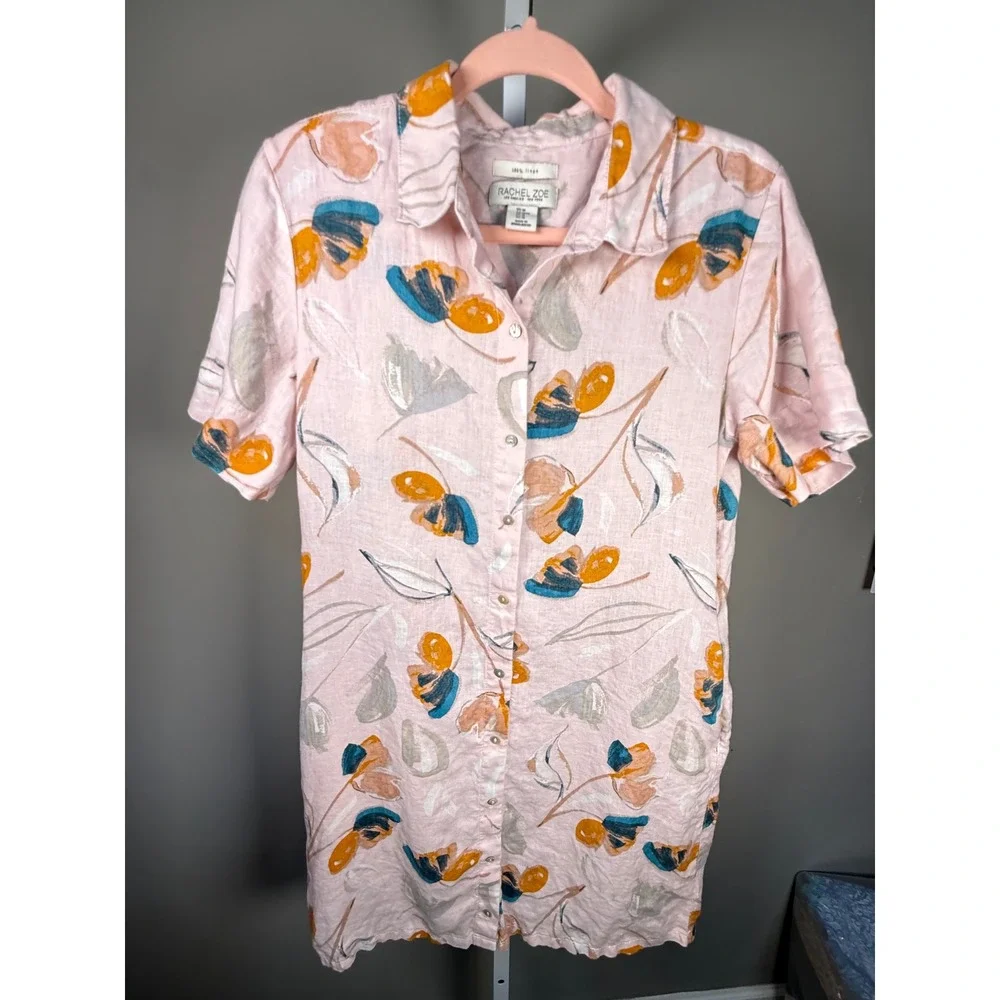 Rachel Zoe Linen Floral Shirt Dress Pink Button Front Coastal Chic Art Teacher M - Picture 6 of 10